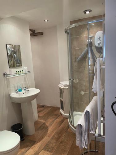 a bathroom with a shower and a sink at Arkleside Country Guest House in Reeth