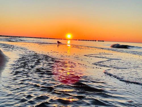 a sunset on a beach with a surfer in the water at W&G REWAL-widok na morze, z prywatnym zejsciem na plaze in Rewal