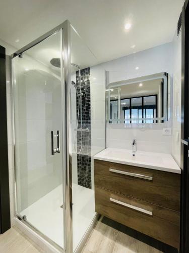 une salle de bain avec douche et lavabo dans l'établissement La Suquetane, à Cannes