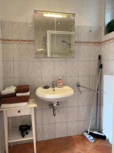 a bathroom with a sink and a mirror at Ferienwohnung in Kappeln in Kappeln