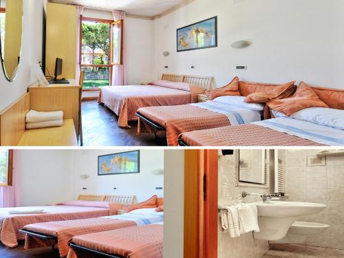 2 fotos de una habitación con camas y lavabo en Albergo Bice, en Senigallia