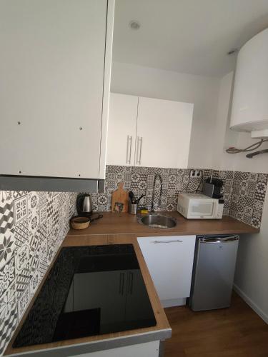 uma pequena cozinha com armários brancos e um lavatório em Les Lofts De Provins: Apt 1 em Provins