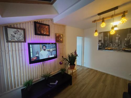 uma sala de estar com uma televisão na parede em Les Lofts De Provins: Apt 1 em Provins