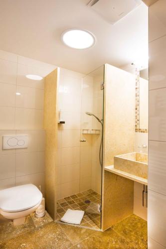 a bathroom with a toilet and a shower and a sink at Gasthof zum Wilden Kaiser in Scheffau am Wilden Kaiser