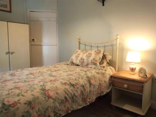 - une chambre avec un lit et une table de nuit avec une lampe dans l'établissement Ty Hen, à Blaenau Ffestiniog