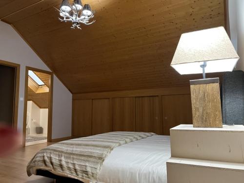 a bedroom with a bed with a lamp and a ceiling at Estrela da Montanha in Penhas da Saúde