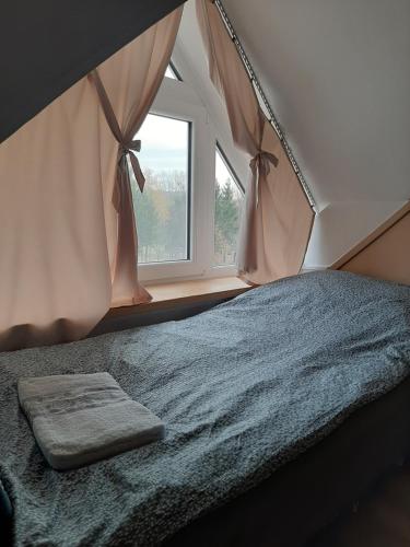 a bed in a room with a window at Egniss Apartman in Bogács