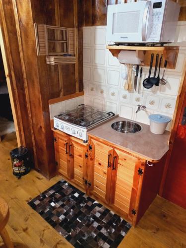 eine kleine Küche mit Herd und Spüle in der Unterkunft Sítio Cabanas da Lu in Canela