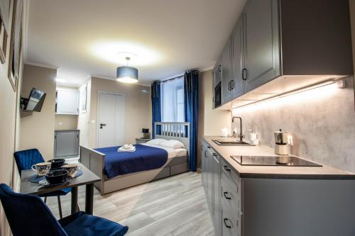 ein Schlafzimmer mit einem Bett und eine Küche mit einem Waschbecken in der Unterkunft Nicolaus Apartment in Toruń