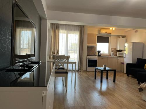 a living room and kitchen with a couch and a table at Tranzzzit Airport Apartment in Otopeni