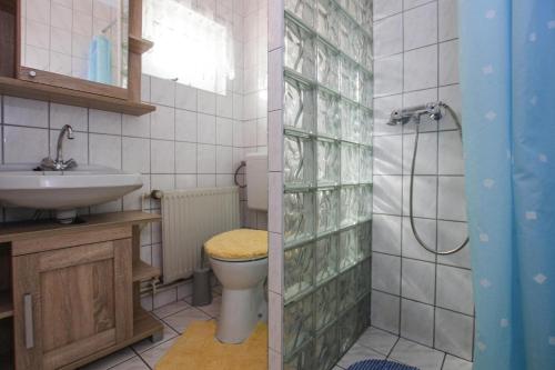 e bagno con servizi igienici, lavandino e doccia. di Semi-detached house, Plau am See a Plau am See