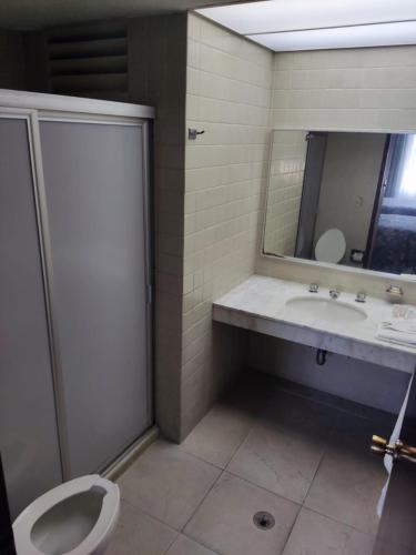 a bathroom with a sink and a toilet and a mirror at Hotel Mary Celaya in Celaya