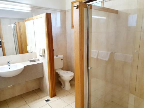 a bathroom with a toilet and a sink and a shower at Golden Grain Motor Inn in Horsham