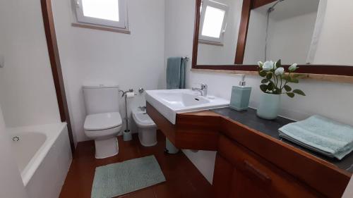 La salle de bains est pourvue d'un lavabo, de toilettes et d'un miroir. dans l'établissement Carcavelos Surf Beach House, à Carcavelos