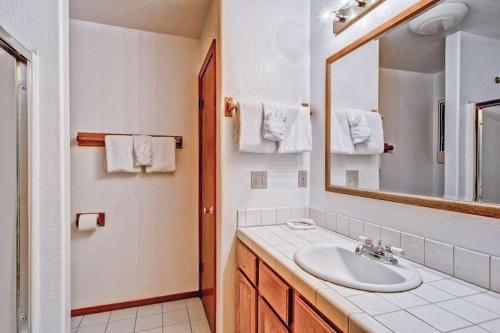 a bathroom with a sink and a mirror at Yosemite Pines in Yosemite West
