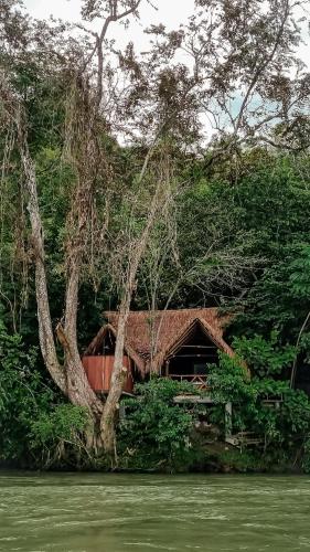 a house sitting next to a river with a tree at Refugio Monte Oscuro in Las Mercedes
