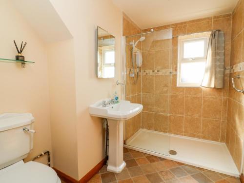 a bathroom with a shower and a sink and a toilet at The Barn in High Catton