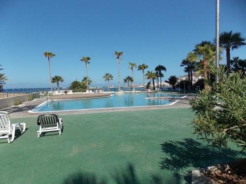 una piscina con 2 sillas y palmeras en Apartamentos Costamar en Los Cristianos