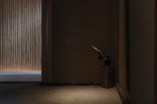 a potted plant sitting in a corner of a room at 滔々 阿知の庄 蔵の宿 toutou Achinosho Kura no Yado in Kurashiki