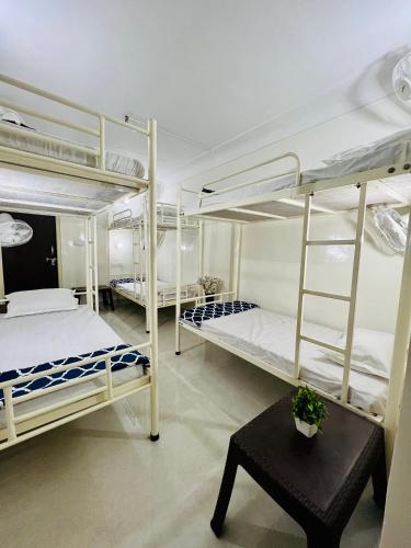 two bunk beds in a room with a table at Hostel ivory in Jaipur