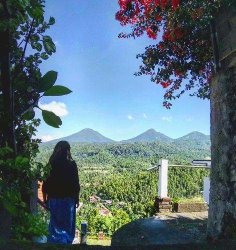 a woman standing on a balcony looking out at the mountains at Made Oka Homestay and Warung in Munduk
