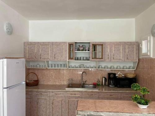 cocina con armarios de madera y nevera blanca en Casa Gia, en Bălnaca