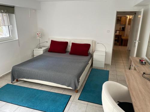 a bedroom with a bed with red pillows and a tub at Messe Apartment Berlin in Berlin