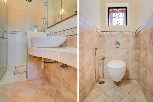 two pictures of a bathroom with a sink and a toilet at StayVista at Waterlily with Free Breakfast & Pvt Pool in Arpora