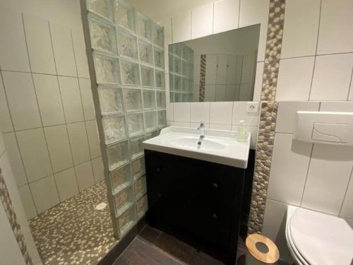 a bathroom with a sink and a toilet and a mirror at Lumineux T3 avec vue Mer dans le Centre Historique in Sainte-Maxime