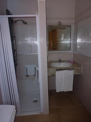 a small bathroom with a sink and a shower at Hotel La Moraleda - Complejo Las Delicias in Villanueva del Arzobispo