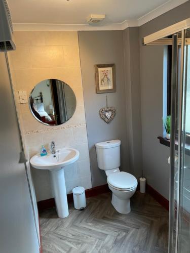 La salle de bains est pourvue de toilettes, d'un lavabo et d'un miroir. dans l'établissement Craigavon Cottage, à Ballachulish
