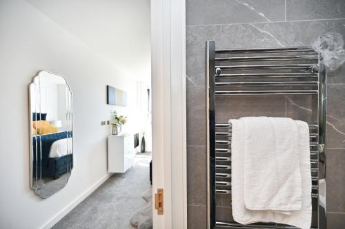 ein Badezimmer mit einem Handtuchhalter und einem Spiegel in der Unterkunft Spacious Designer 2BR Executive Apt, Near Beach & Marina, Central Location in Kent