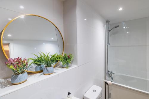 a bathroom with a mirror and three plants on a shelf at The Arran Suite - Your Stylish Scottish Getaway! in Glasgow