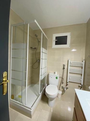 TV y baño con ducha y aseo. en APARTAMENTO TURISTICO JAUME CENTRO, en Tarragona