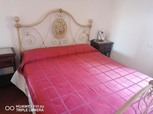 a bedroom with a pink bed with a red comforter at Piane Del Bagno in Saturnia
