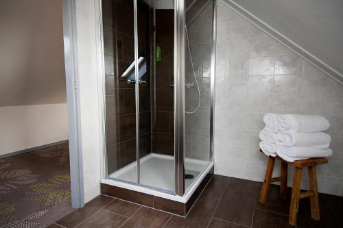 a shower in a bathroom with a stool and towels at Hotel Sportsbar & Brasserie Dorhout Mees in Biddinghuizen
