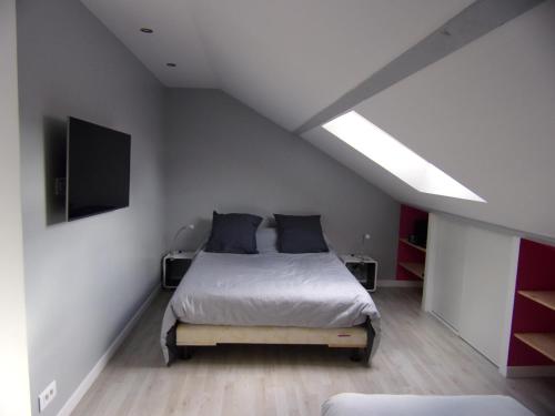 - une chambre avec un lit et une télévision à écran plat dans l'établissement L'Escale, chambres chez l'habitant, au Mans