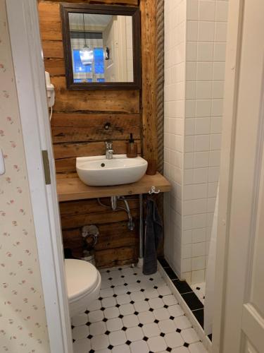 a bathroom with a sink and a toilet and a mirror at Hipster’s Kalamaja Studio Apartment in Tallinn