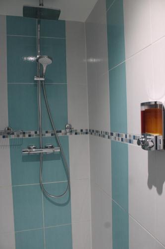 La salle de bains est pourvue d'une douche avec du carrelage bleu et blanc. dans l'établissement L'Escale, chambres chez l'habitant, au Mans