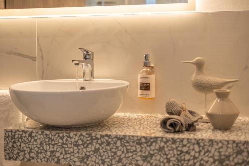 a bathroom counter with a sink and a bottle of soap at Romagna Suite Hotel in Gatteo a Mare