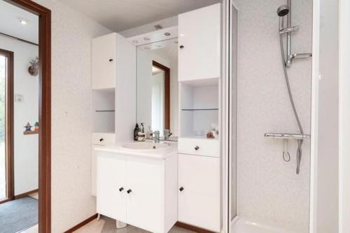 a white bathroom with a sink and a shower at Vakantie op de Veluwe in Lunteren