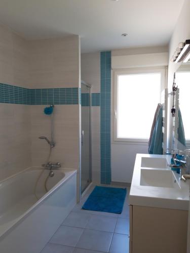 une salle de bain avec une baignoire, un lavabo et une douche dans l'établissement Le Clos des Roses, à Chorey-lès-Beaune
