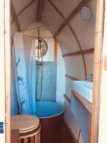 a bathroom with a shower and a sink at Rosa the Cosy Cabin - Gypsy Wagon - Shepherds Hut, RIVER VIEWS Off-grid eco living in Pedrógão Grande