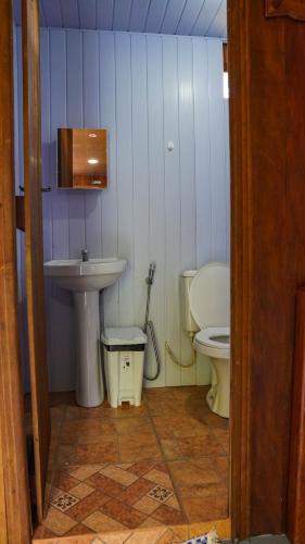 a small bathroom with a sink and a toilet at Amazon Boto Lodge Hotel in Careiro