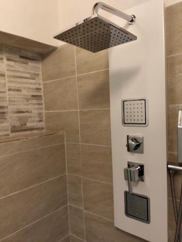 a bathroom with a shower with a shower head at la stanza di Robi in Rio Marina