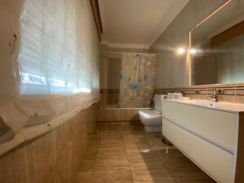 ein Badezimmer mit einem Waschbecken, einem WC und einem Spiegel in der Unterkunft Piso Ramallosa Nigrán in Nigrán