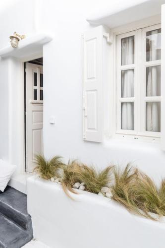 a white house with white windows and grass on the ledge at Cassaris Mykonos in Drafaki