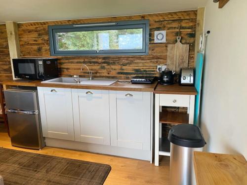 a kitchen with a sink and a microwave at Modern cabin with stunning views & private hot tub in Breakish