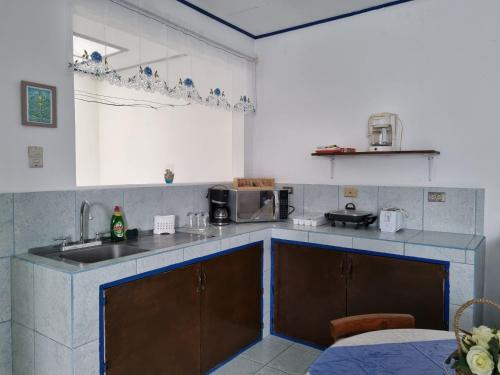 eine Küche mit einer Spüle und einer Mikrowelle in der Unterkunft Entire Homy apartment for you, 5 min SJO Airport in Alajuela