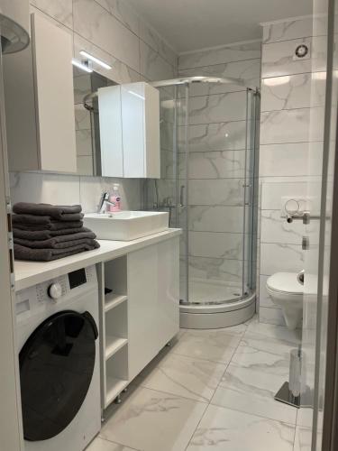 a white bathroom with a sink and a shower at Apartment 5 Star in Lukavica